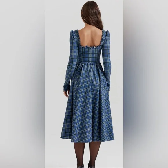 House of CB Delia tartan plaid check dress long sleeve blue green L+ xl midi - Picture 3 of 15